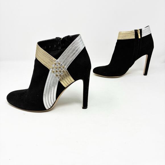 Salvatore Ferragamo Shoes - Salvadore Ferragamo Black Suede Silver and Gold Leather Accent Booties 7